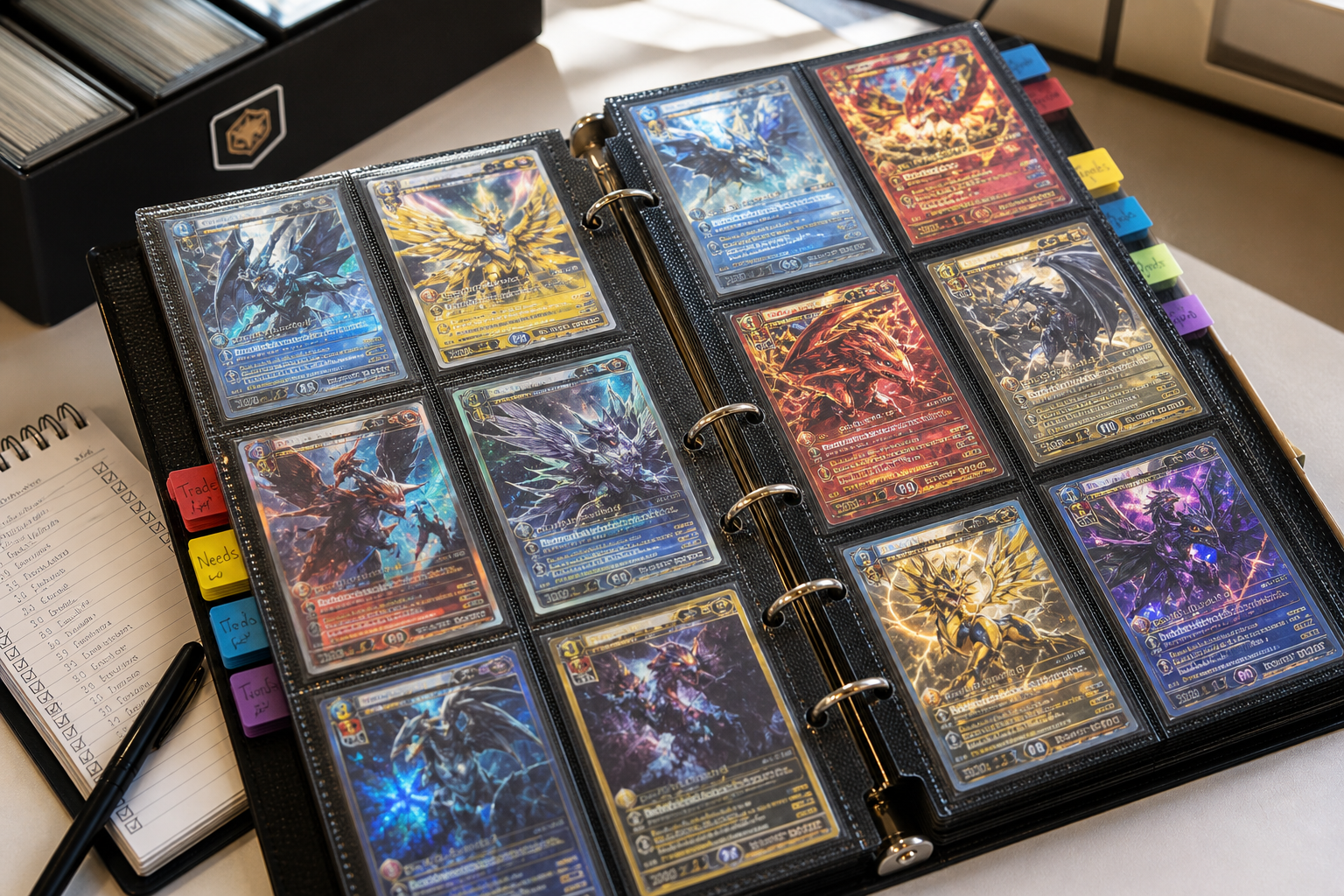 Trading card binder with organized collection pages