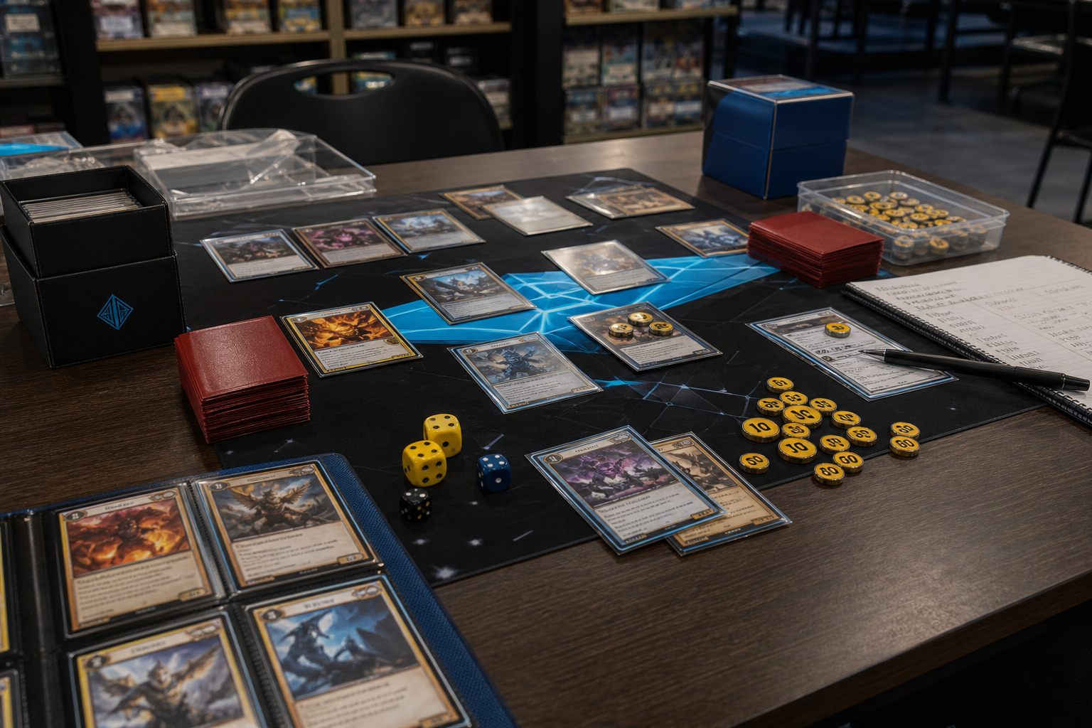 Trading card deck testing table with counters and notes