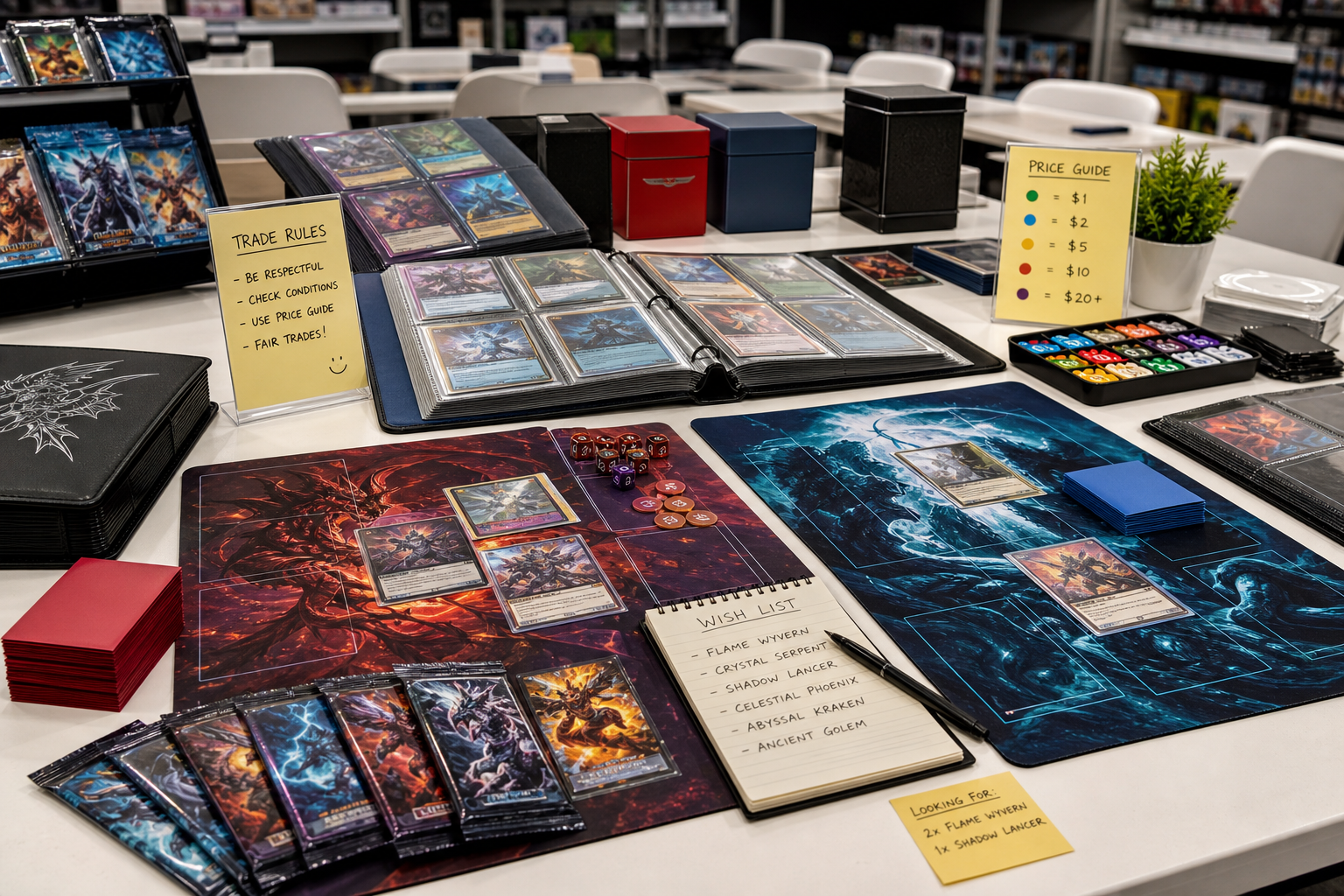 Trading card trade night table with binders and deck boxes